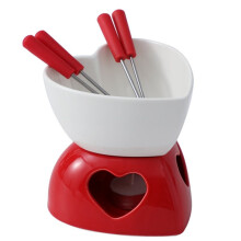 Service à Fondue en Forme de Cœur - Mug en Céramique, -Pot à Dessert avec Quatre Fourchettes et Bougie pour Fromage Blanc