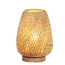 Rattan Table Lamp, 3 Color Temperature Small Beside Lamp, Wooden Nightstand Boho Bamboo Woven End Table Lamps EU Plug