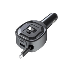 PD 65W Snabbladdningsadapter Spänningsdisplay Billaddare med Utdragbar Kabel för Telefon Surfplatta Laptop