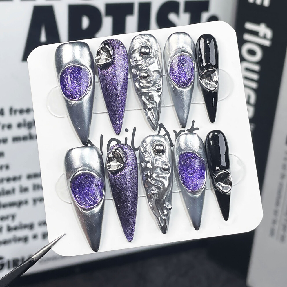 Creation-3C (Xs) Purple Glitter Fake Nails - Durable & Comfortable