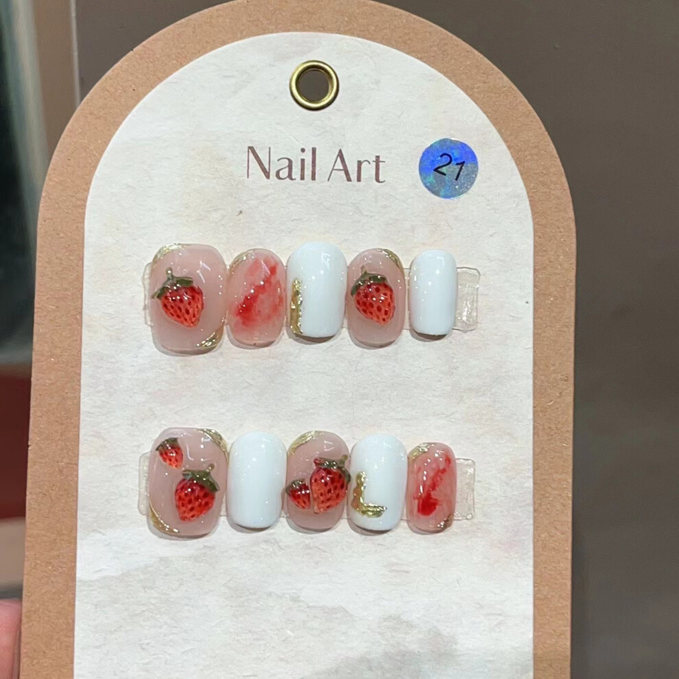Creation-3C (Short) Strawberry Pink & White Fake Nails For Women