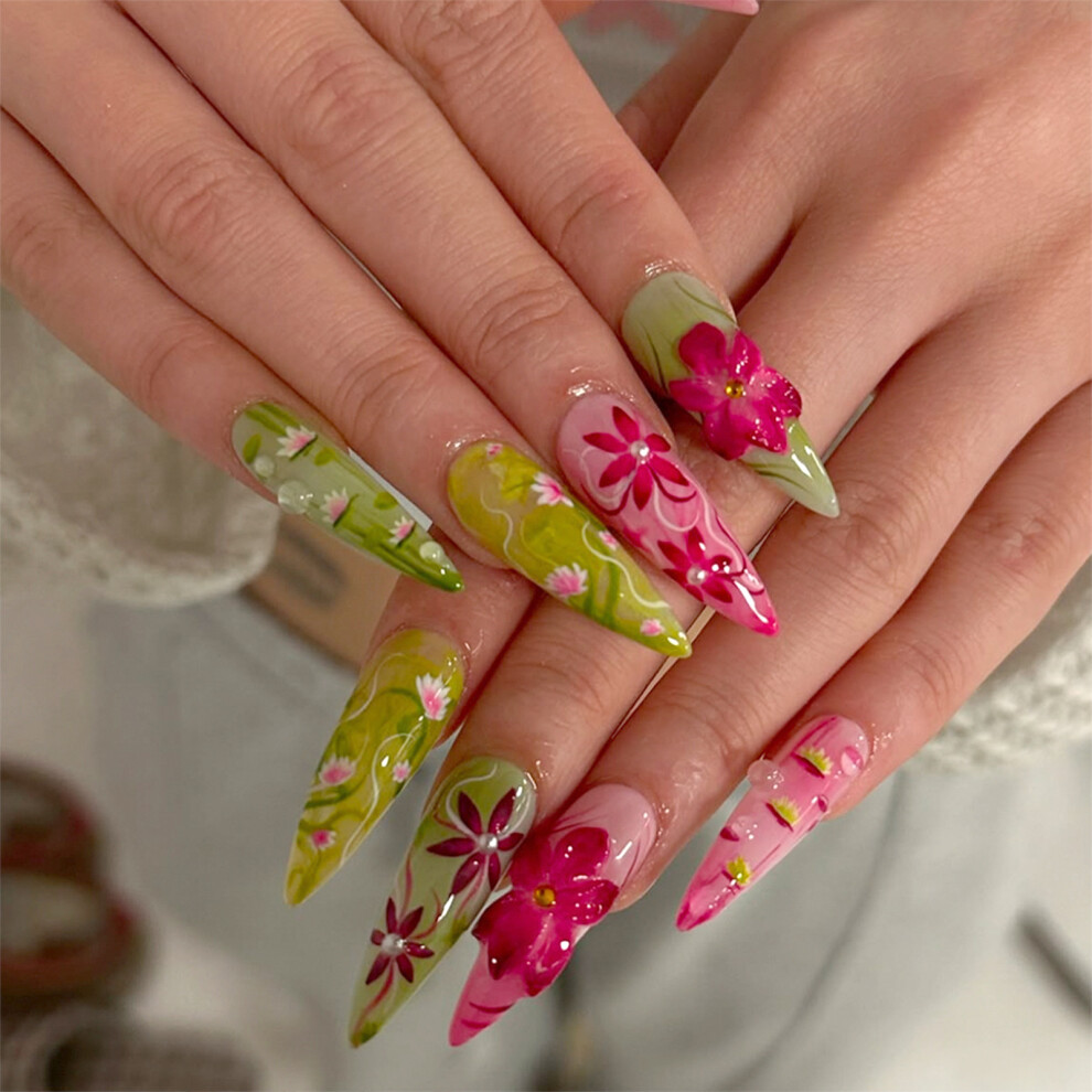Creation-3C Blue,Green 24Pcs Dopamine Press On Nails Blue Green Floral