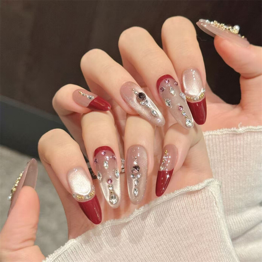 Creation-3C (600 Long Oval, L) Glitter French Press On Nails - 10Pcs, Cat Eye, Rhinestones