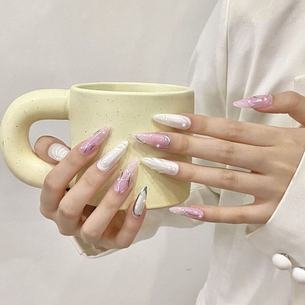 Zhouq-Outdoors (Xs) Pink White Press On Nails For Women - Durable