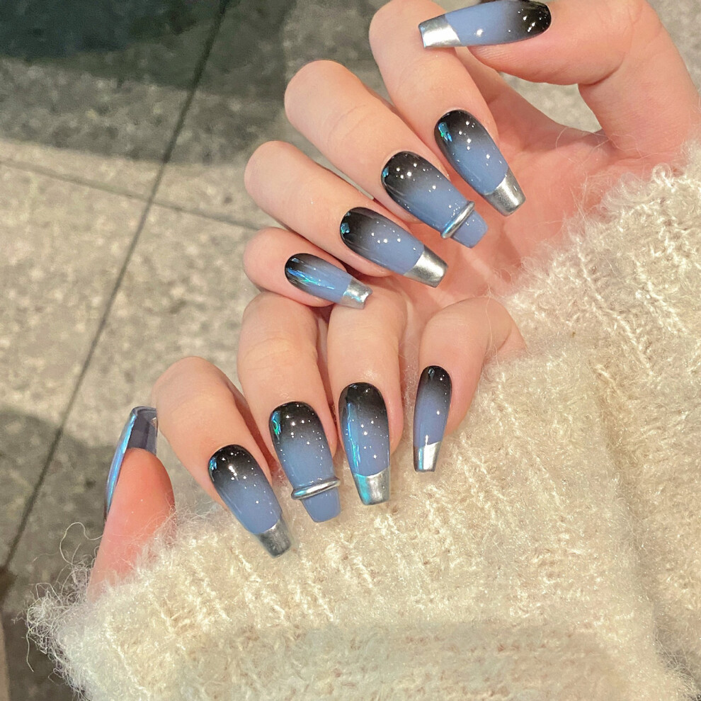 Roc-Electron (S) Silver-Tip Gradient Fake Nails - Odorless & Eco