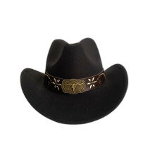 (Black, M 56 to 58 Cm) Western Cowboy Hat with Leather Belt - Unisex