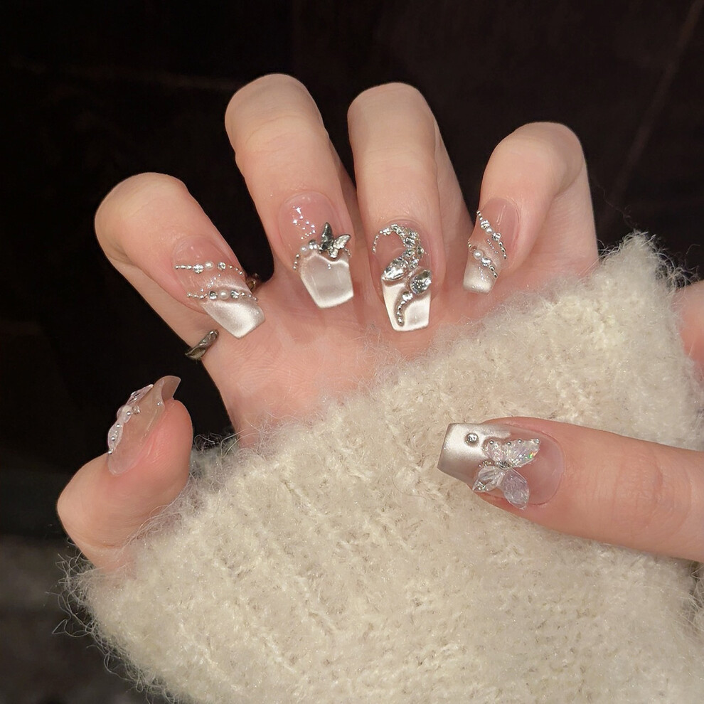Roc-Electron (Short Ladder) Butterfly Press-On Nails - Long Lasting & Reusable