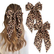 Leopard Bow Hair Clips Set of 2, Oversized Vintage Satin Long Tail Hair Bows for Women and Girls