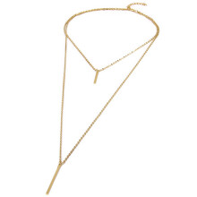 Women Double layers Simple Design Bar Pendant Tassel Long Chain Necklace Golden