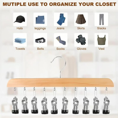 2PCS Closet Organizer with 10 Clips - Space Saving, Multi-Purpose, Durable-Wood Design, Ideal for Small Spaces A