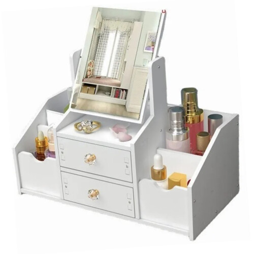 White Cosmetic Storage Box with Mirror, 40x20x14cm 2