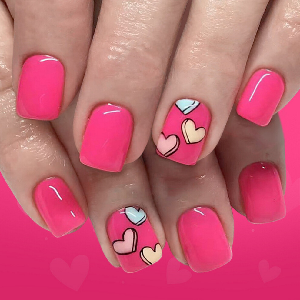 Creation-3C 24Pcs Pink Heart False Nails Glossy Diy
