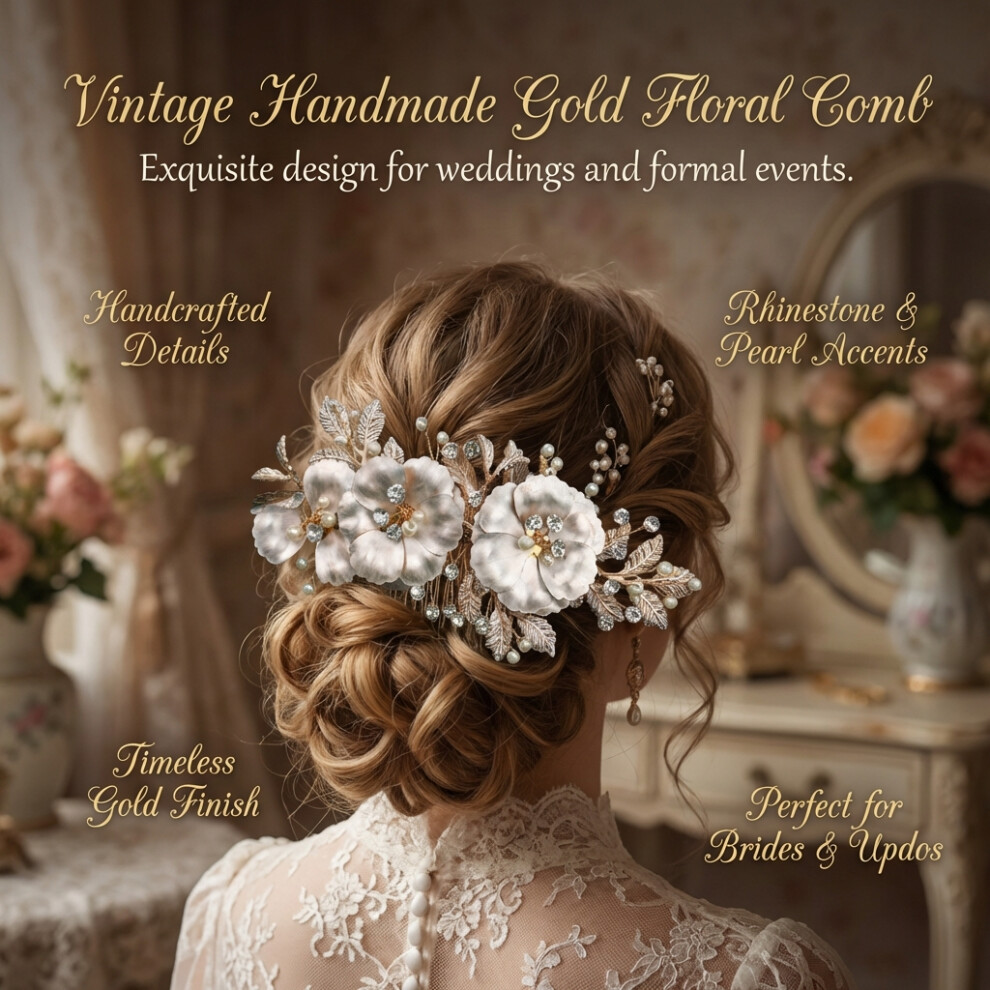 Creation-3C (J6274) Vintage Golden Floral Hair Comb For Weddings