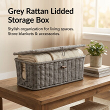 (Gray, 40x16x15CM Large) Flip Top Wicker Storage Basket - Large Capacity