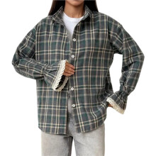 Damenbluse im Vintage-Karo-Stil, Locker Geschnitten, Mittellang, Oversized, Amerikanischer Stil, für Streetwear Grün S