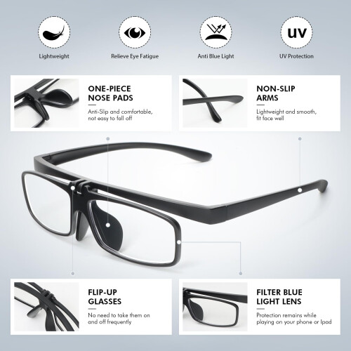 2 Pack Flip Up Reading Glasses for Close Work, Lightweight Blue Light Blocking Readers +1.0 Black Grey 2