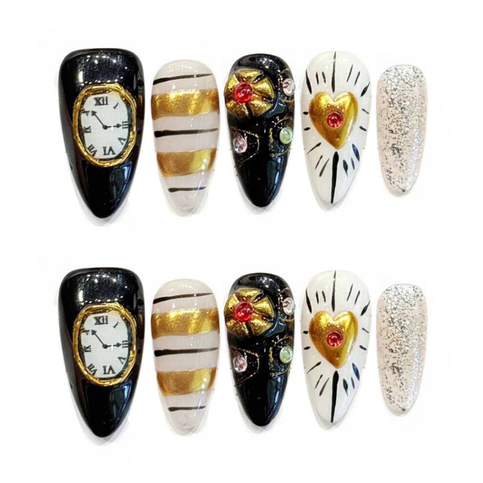 Reach-Tools (3386 Medium Almond, L) 10Pcs Rhinestone False Nails, Clock & Heart Design