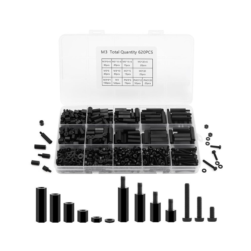 620-Piece M3 Nylon Standoff Kit, Black Threaded Spacers With Screws Nuts Washers, Motherboard & Pcb Mounting Standoffs 4711482266445