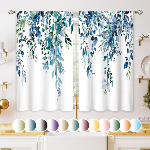 (2pc, A Eucalyptus Navy) Kitchen Window Curtain Set – 2 Panels & 1 Valance, Fork & Spoon Pattern, Rod Pocket
