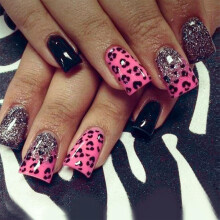 Leopard Print French Tip Press On Nails Fake Acrylic Set Glitter Pink Black Full Cover 24 Pcs