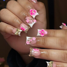 3D Flower Summer Beach Pink Press On Nails Short Duck Shape with Gold Bow and Rhinestones, 24pcs