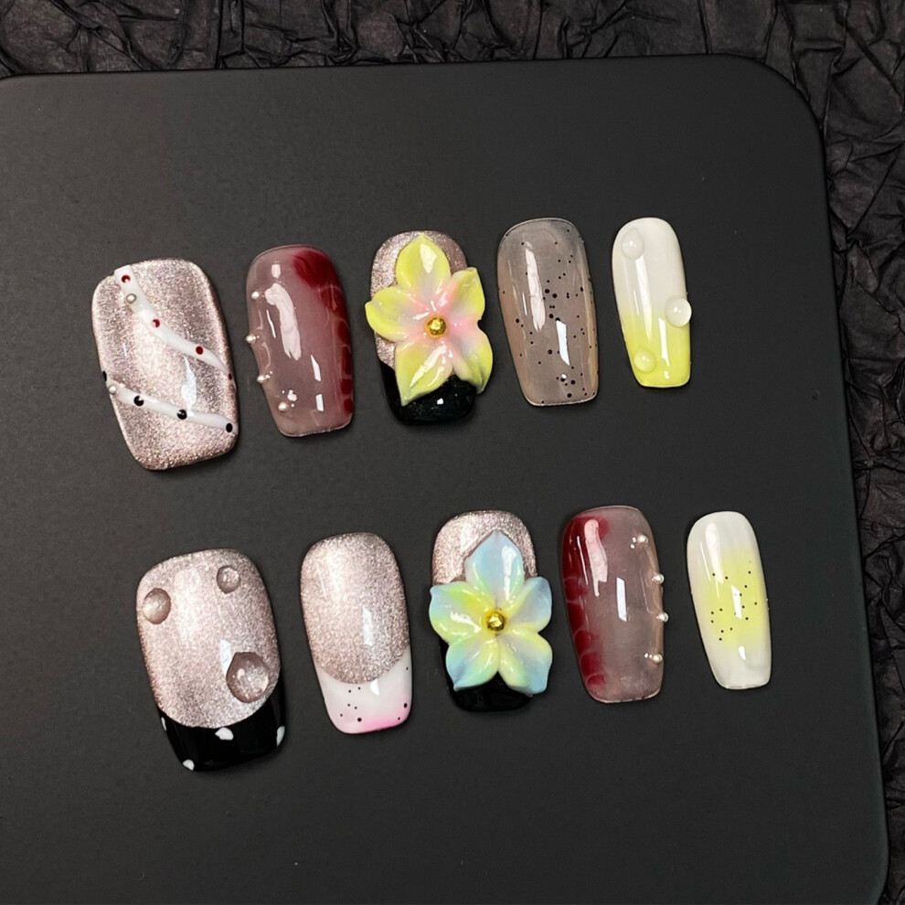 Zhouq-Outdoors (Xs) 10Pcs Flower Cat Eye Fake Nails For Women