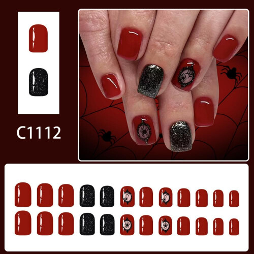 Halloween Press on Nails Short Square Spider Web Design Dark Red Black Glitter Reusable 24Pcs 1