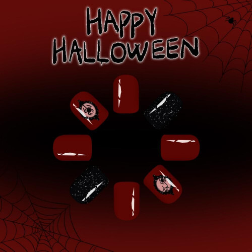 Halloween Press on Nails Short Square Spider Web Design Dark Red Black Glitter Reusable 24Pcs 2