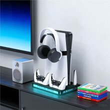 For PS5/ Slim/Pro Cooling Station with Fast Contoller Charger for 5 Disc & Digital Console Stand, RGB Light