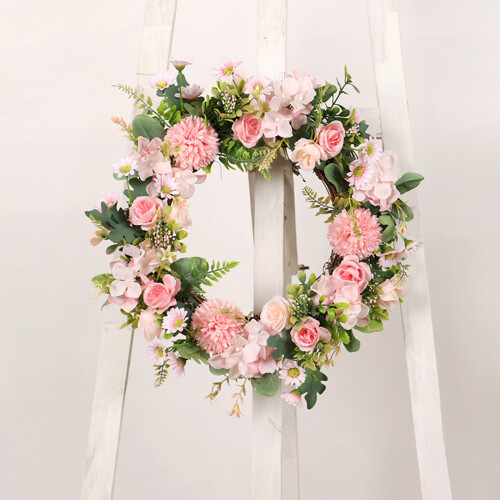 Spring Hydrangea Wreath35cm Rattan & Silk Pink Floral 1