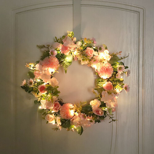 Spring Hydrangea Wreath35cm Rattan & Silk Pink Floral 2