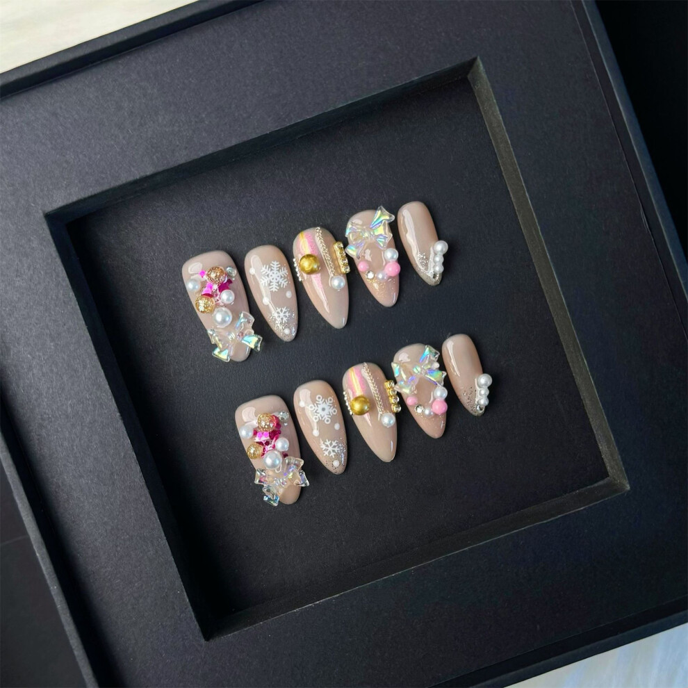 Phui-Pet-Supplies (Xs) Christmas Almond Press On Nails 10Pcs Snowflake Design