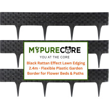 Garden Lawn Edging 2.4m Black Rattan Effect Flexible Plastic Garden Border for Flower Beds Paths Weather-Resistant & Recyclable Palisade - MYPURECORE
