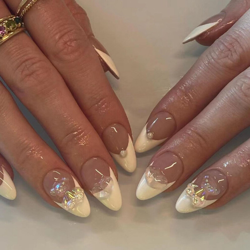 Cream Short Almond Press On Nails 3D Heart Art French Tip Nude Set SalonâStyle Finish LongâLasting Adhesion 24Pcs