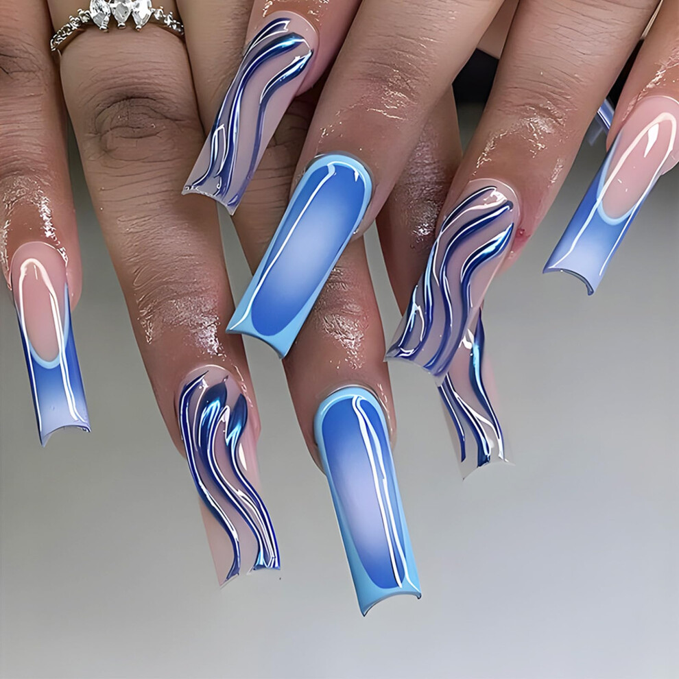 Blue Gradient Press On Nails Medium Square Glossy Acrylic False Nails Set For Holiday Manicure