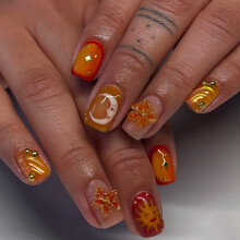 Short Square Press On Nails Orange Acrylic with Moon Sun and 3D Flower Rhinestone, Reusable Set