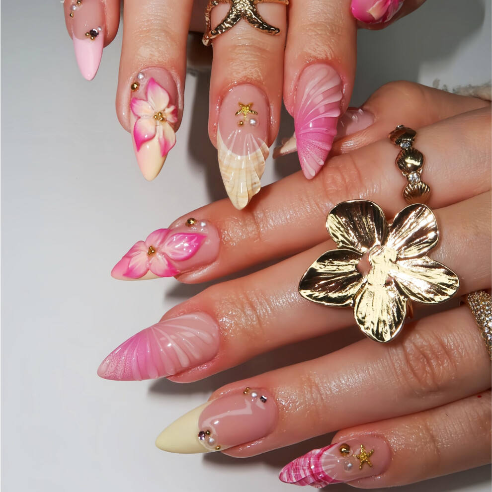 Gold 3D Flower Almond Press On Nails Summer Beach Acrylic Set With Tropical Gradient And Starfish Charms