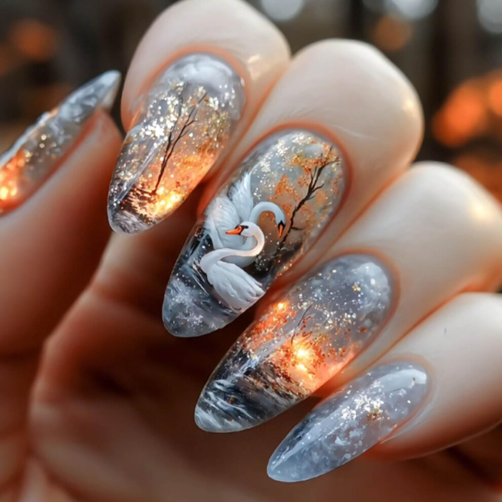 Short Almond Press on Nails Set Marble Design Fake Nails for Women Reusable Glue on Nails 24PCS