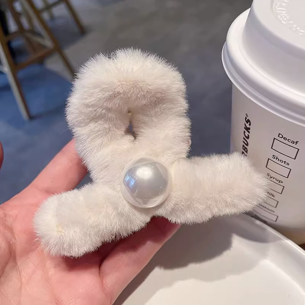 Roc-Electron Unisex White (Creamy Double-Sided Pearls) Fluffy Hair Claw Clips For Women - Soft Half Bun