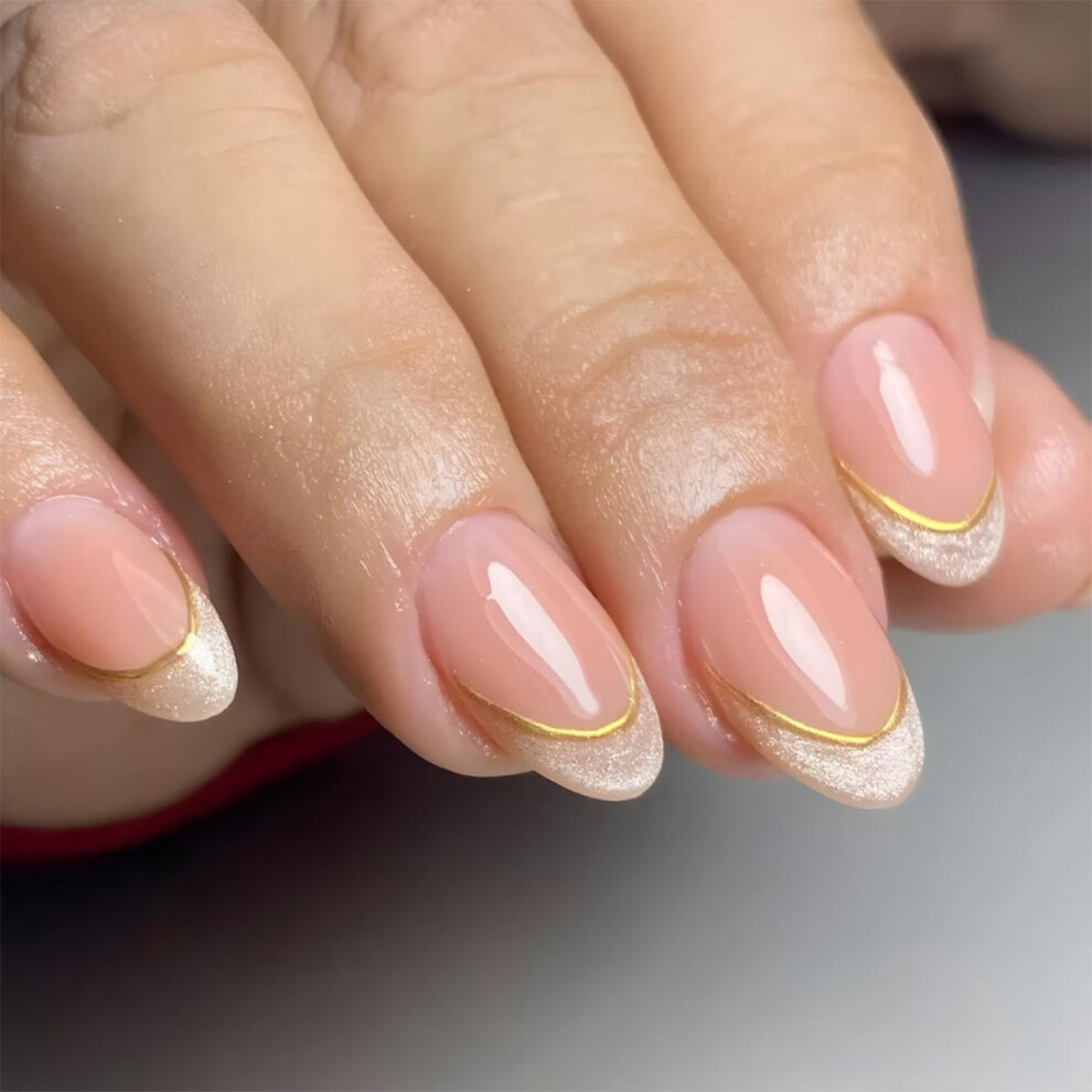 30Pcs Short Almond Press On Nails French Tip Glitter Reusable Acrylic Fake Nails Set for Women