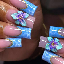 Long Square Press on Nails Blue French Tip Fake Nails 3D Flower Ocean Design Acrylic 24pcs
