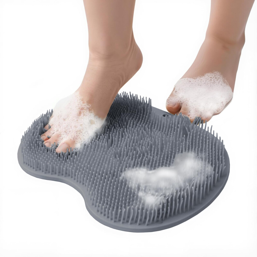 Gray Silicone Foot Scrubber Mat With Suction Cups, 2 In 1 Shower Foot Massager Pad For Deep Cleaning, Antislip