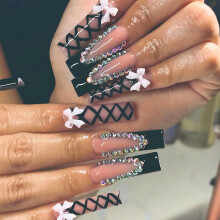 Press on Nails Long Square Black French Tip Acrylic Set 24pcs Luxury Diamond Accents Instant Salon Look