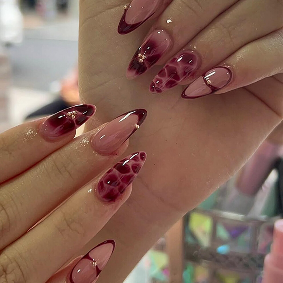 Red Floral Press On Nails Short Acrylic Set For Women, Reusable Complete Manicure Kit, Fast Salonstyle Application