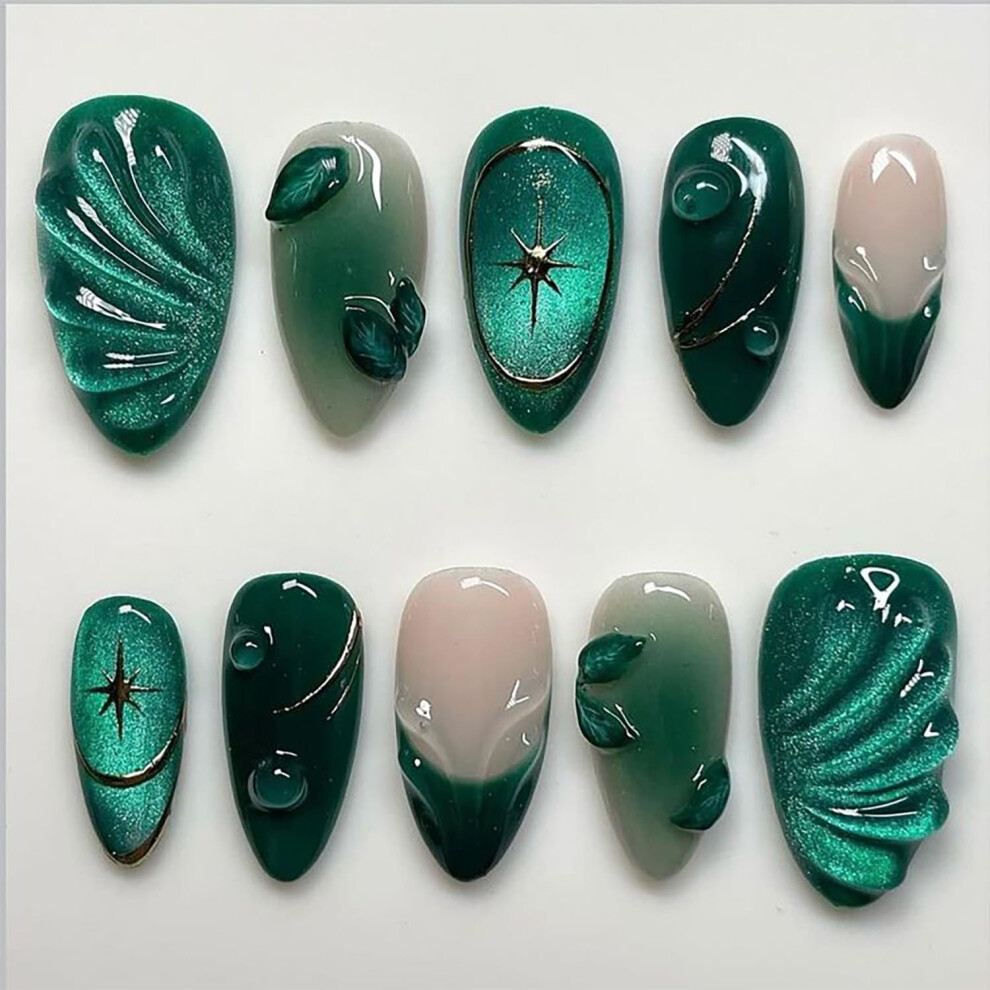Green Ombre Press On Nails With Rhinestones, Medium Almond Glitter False Nails, Reusable Set