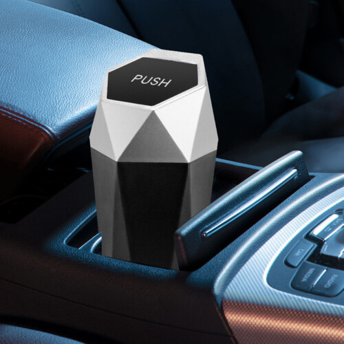 (Silver) Leakproof Car Trash Can w/ Lid - Space-saving 1