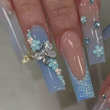 Blue Press on Nails Square French Fake Nails Long Glossy Rhinestone Tips 24pcs for Women