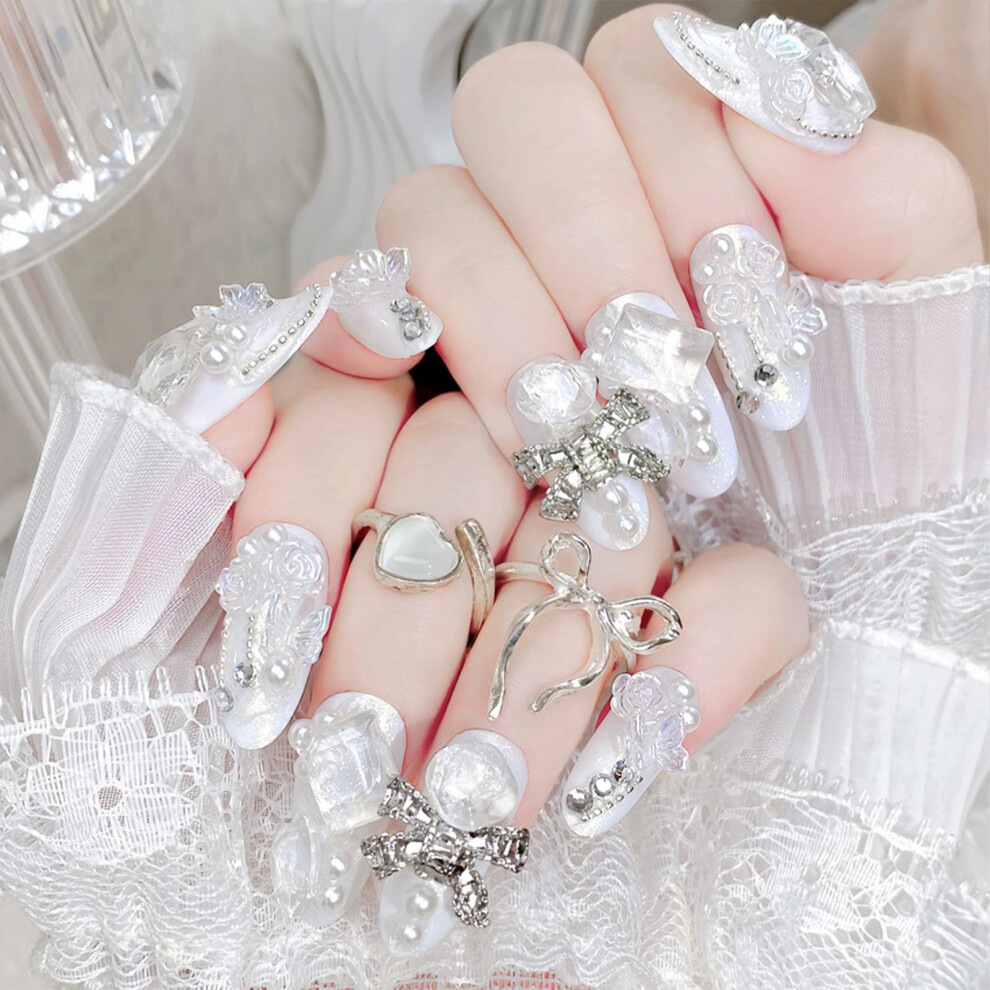 White Medium Almond Press On Nails Fake Nails With Rhinestones Pearls And Butterfly Design 24Pcs