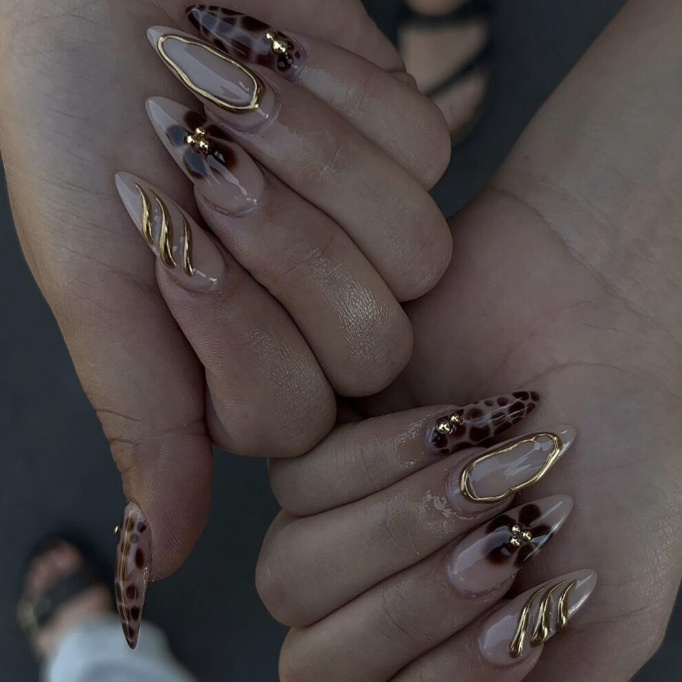 Brown Leopard Press On Nails Almond Medium Â Flower Reusable Glossy Full Cover Nails Set 24Pcs