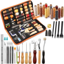 66Pcs Leather Working Tools Kit with Waxed Thread, Groover, Awl & Punch for Leathercraft Beginners & Adults